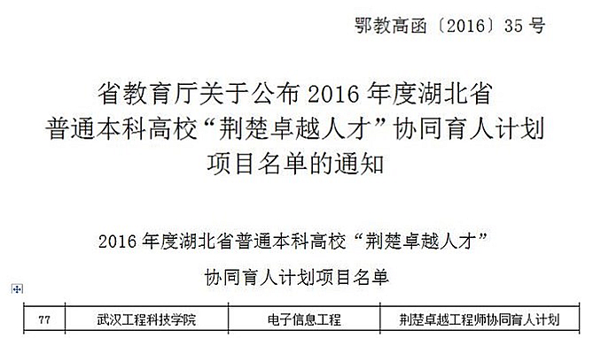 武工院成功获批“荆楚卓越人才”协同育人计划项目